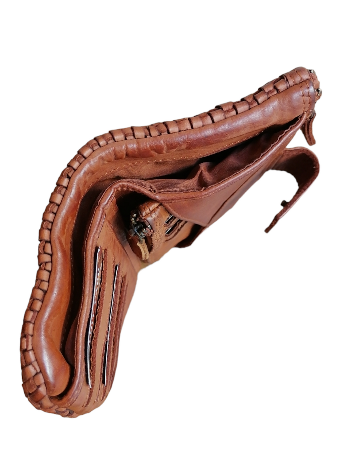 POFSS-SM7704 Portafoglio in Pelle Intrecciata Tobacco Effetto Vintage
