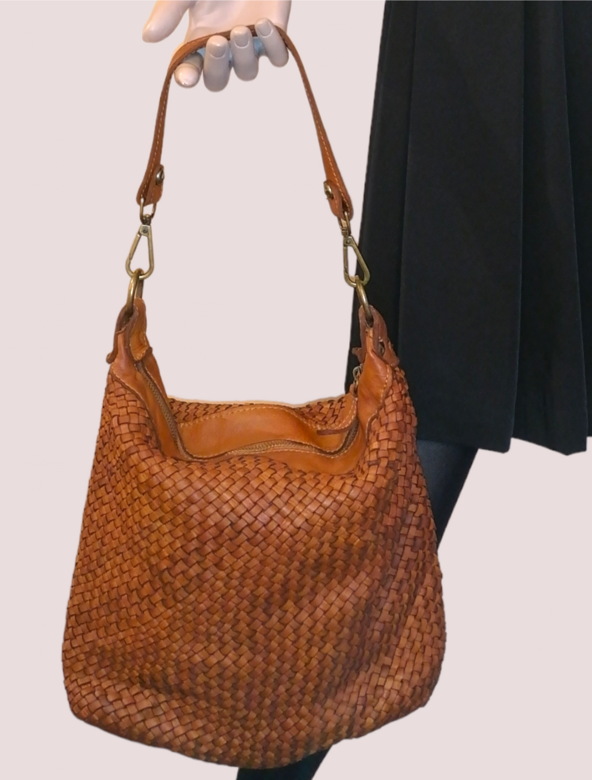 Borsa a Tracolla 30 x 28 in Pelle Sauvage Intrecciata Vintage