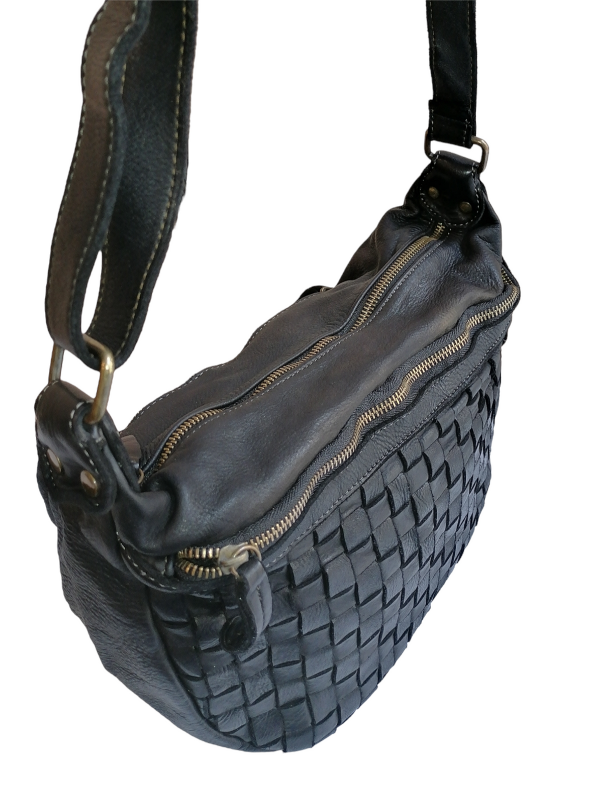 Borsa Hobo con Cerniera in Sauvage Pelle Intrecciata Stile Vintage